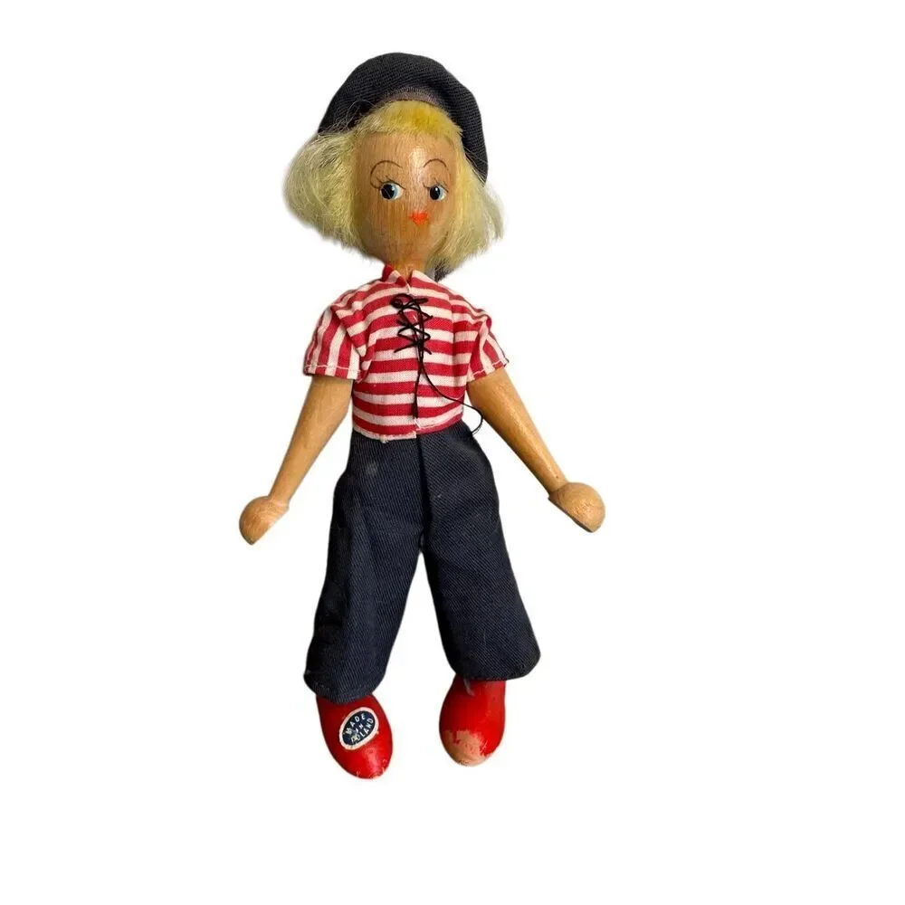 Polish Wooden Peg Doll Vintage 1940-1950’s Sailor Theme 7” tall